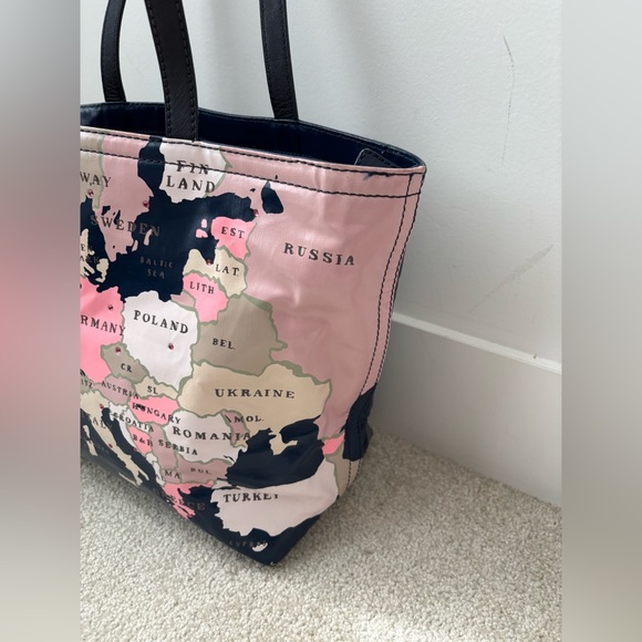 Kate Spade Going Places World Map Tote Bag Travel Print Rare Navy Pink - Picture 2 of 9